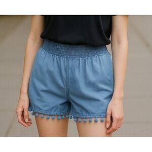 Francesca's Shorts Blue Denim Elastic Pom Pom Fringe Pull On Women's Small
